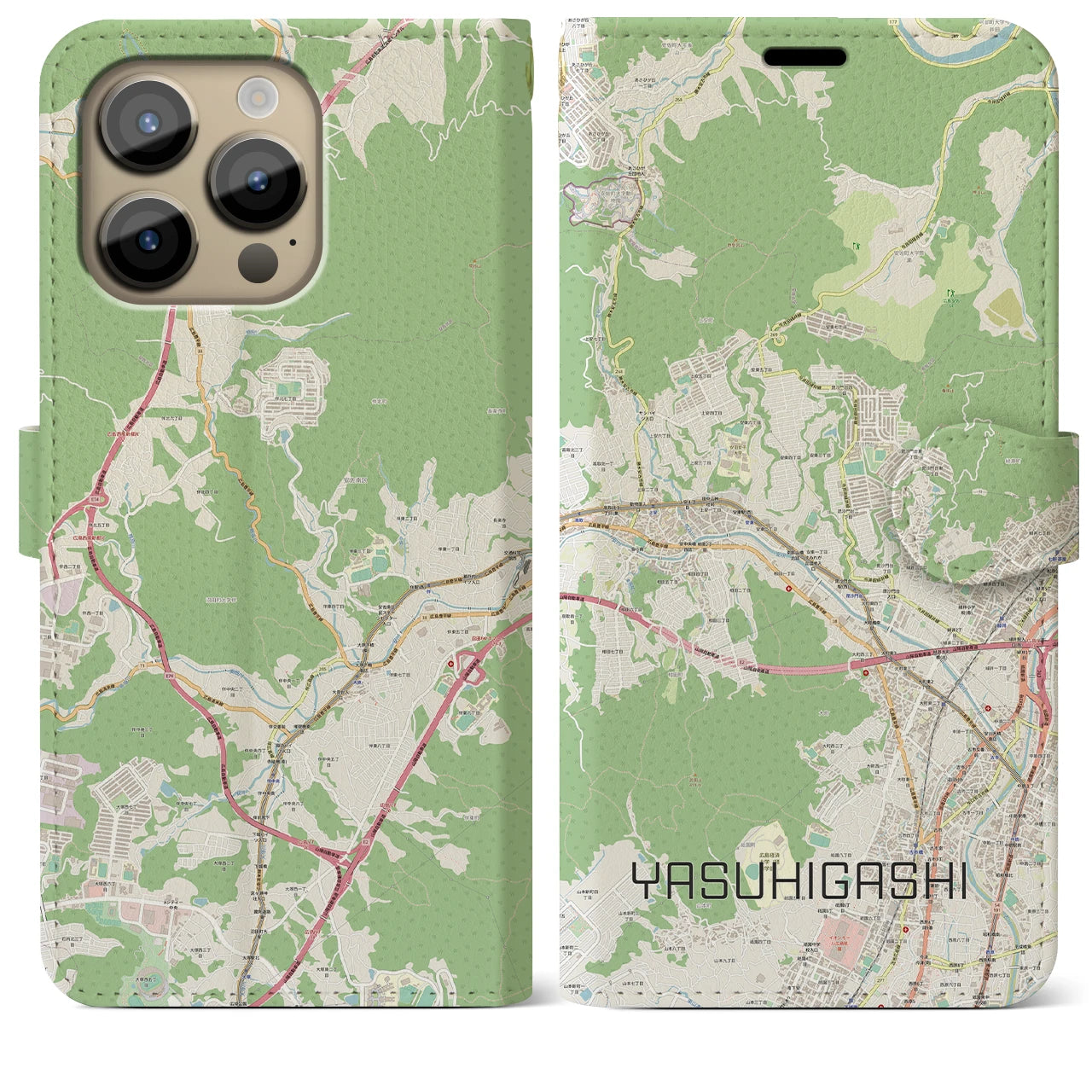 【安東(広島県)】地図柄iPhoneケース(手帳タイプ)ナチュラル・iPhone 14 Pro Max 用
