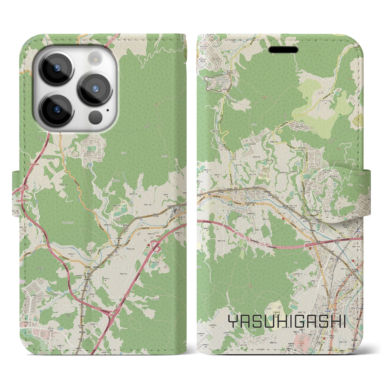 【安東(広島県)】地図柄iPhoneケース(手帳タイプ)ナチュラル・iPhone 14 Pro 用