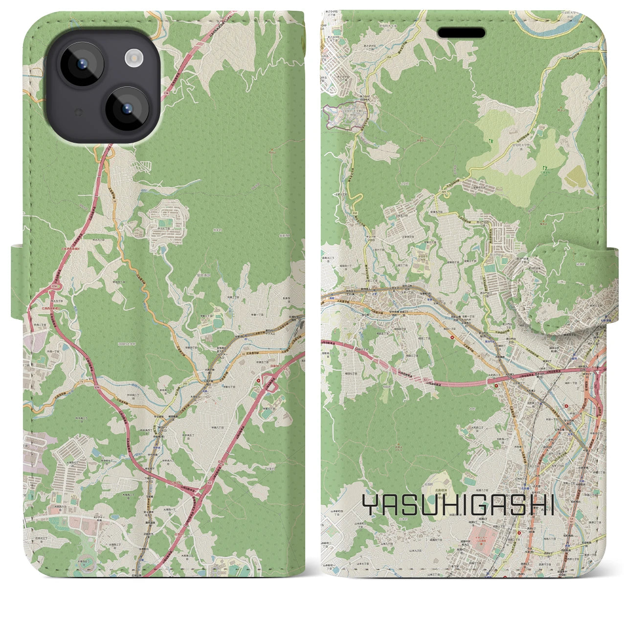 【安東(広島県)】地図柄iPhoneケース(手帳タイプ)ナチュラル・iPhone 14 Plus 用