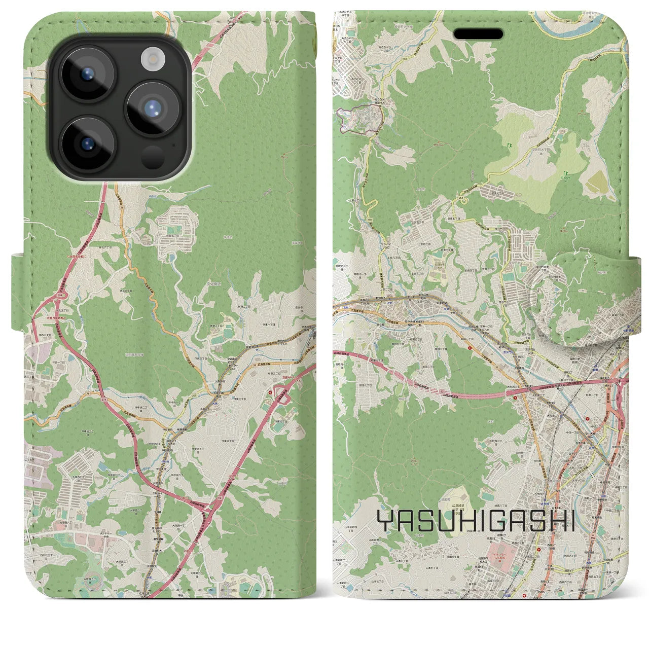 【安東(広島県)】地図柄iPhoneケース(手帳タイプ)ナチュラル・iPhone 15 Pro Max 用