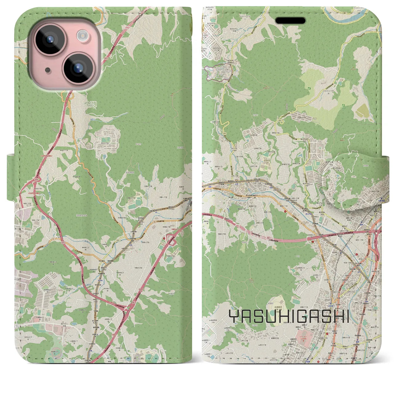 【安東(広島県)】地図柄iPhoneケース(手帳タイプ)ナチュラル・iPhone 15 Plus 用