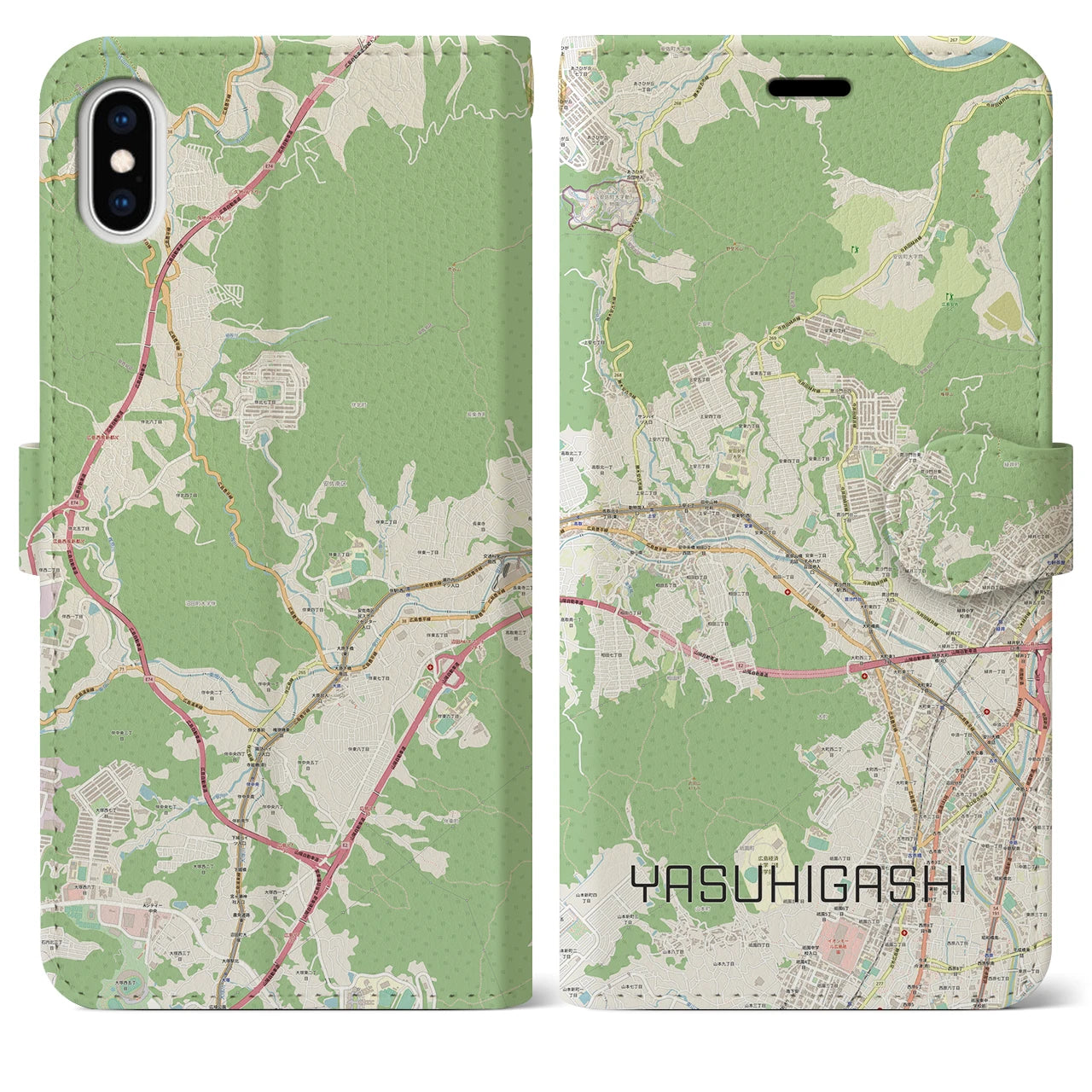 【安東(広島県)】地図柄iPhoneケース(手帳タイプ)ナチュラル・iPhone XS Max 用