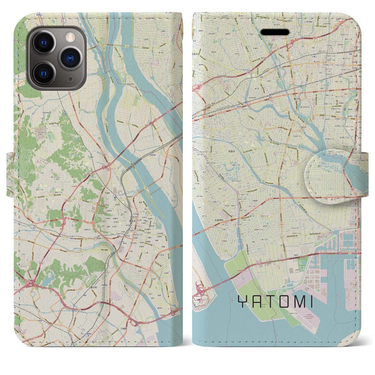【弥富(愛知県)】地図柄iPhoneケース(手帳タイプ)ナチュラル・iPhone 11 Pro Max 用
