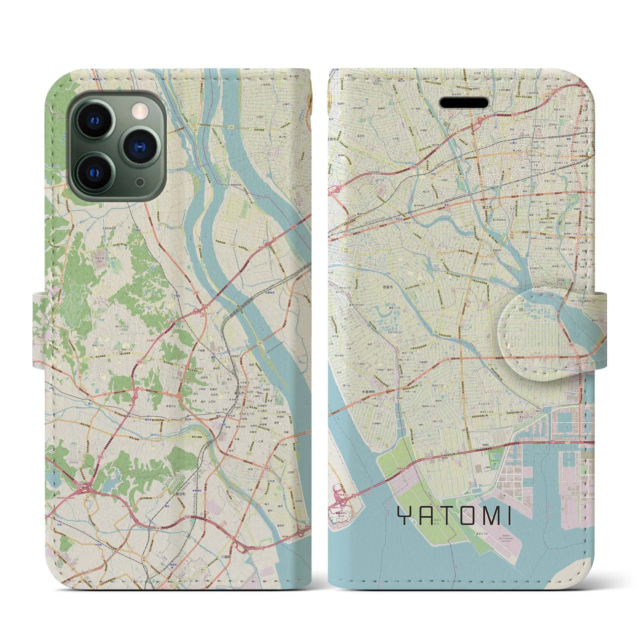 【弥富(愛知県)】地図柄iPhoneケース(手帳タイプ)ナチュラル・iPhone 11 Pro 用