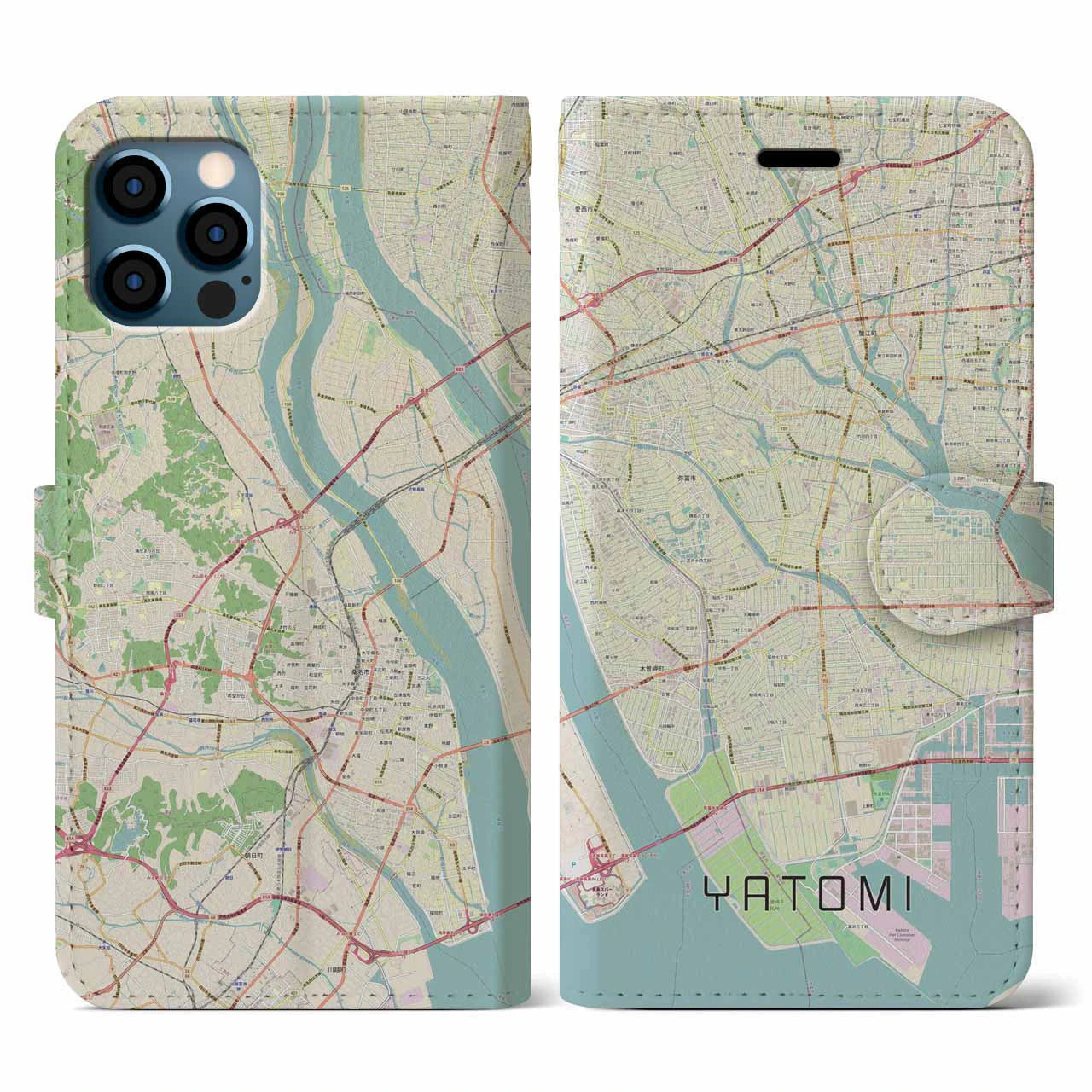 【弥富(愛知県)】地図柄iPhoneケース(手帳タイプ)ナチュラル・iPhone 12 / 12 Pro 用