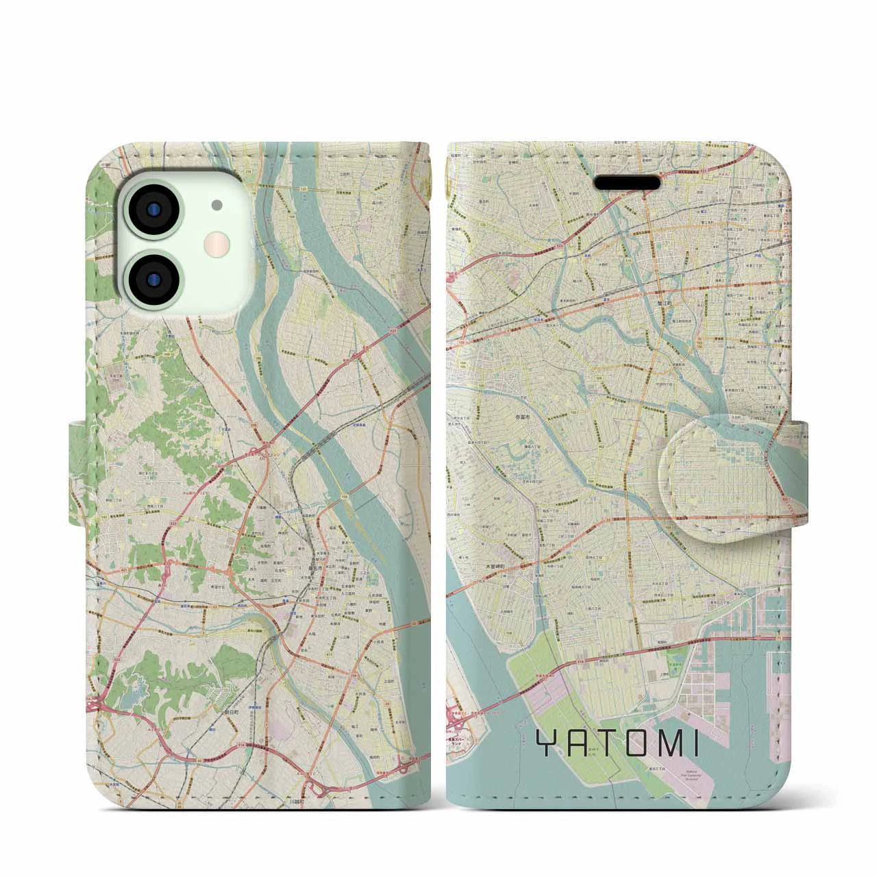 【弥富(愛知県)】地図柄iPhoneケース(手帳タイプ)ナチュラル・iPhone 12 mini 用