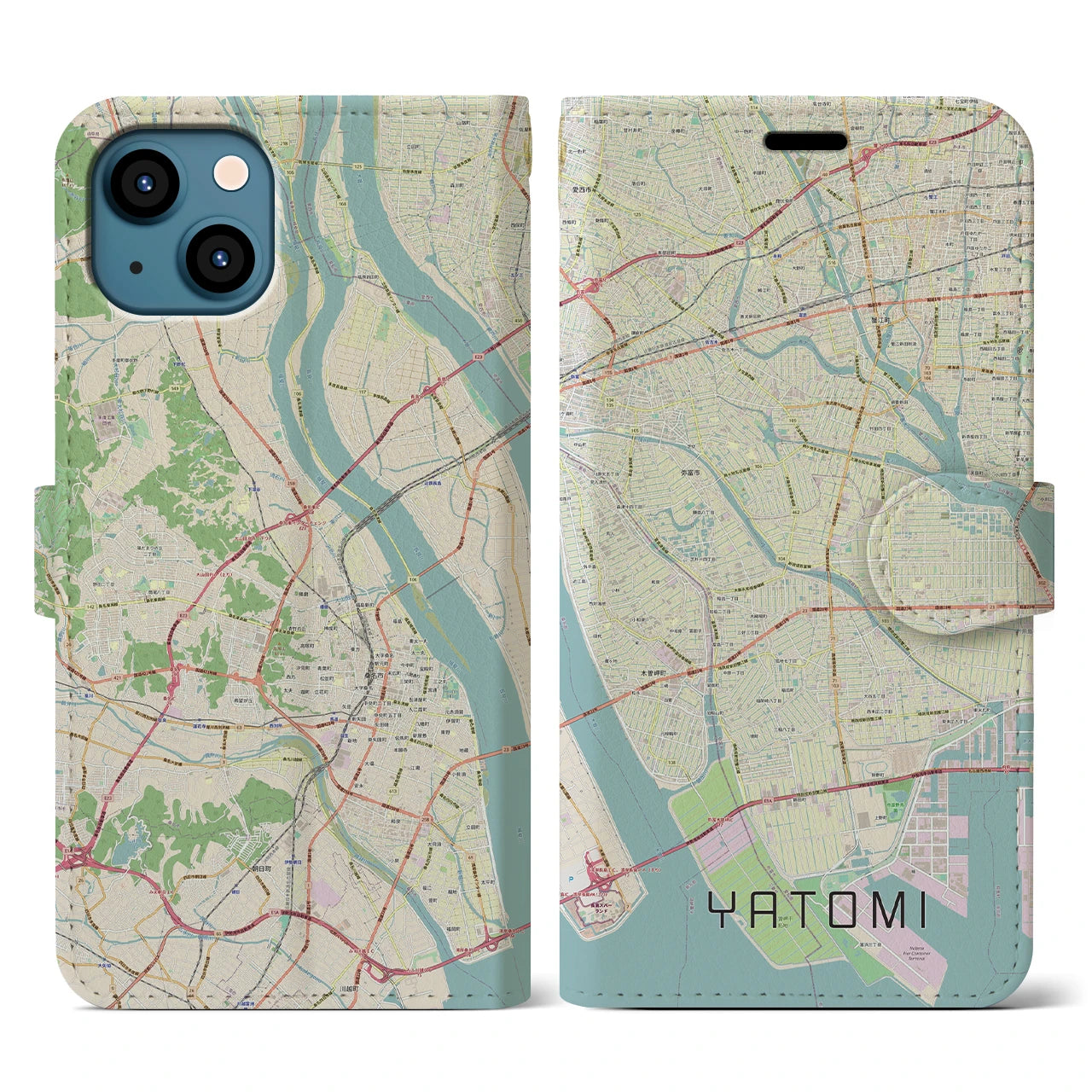 【弥富(愛知県)】地図柄iPhoneケース(手帳タイプ)ナチュラル・iPhone 13 用