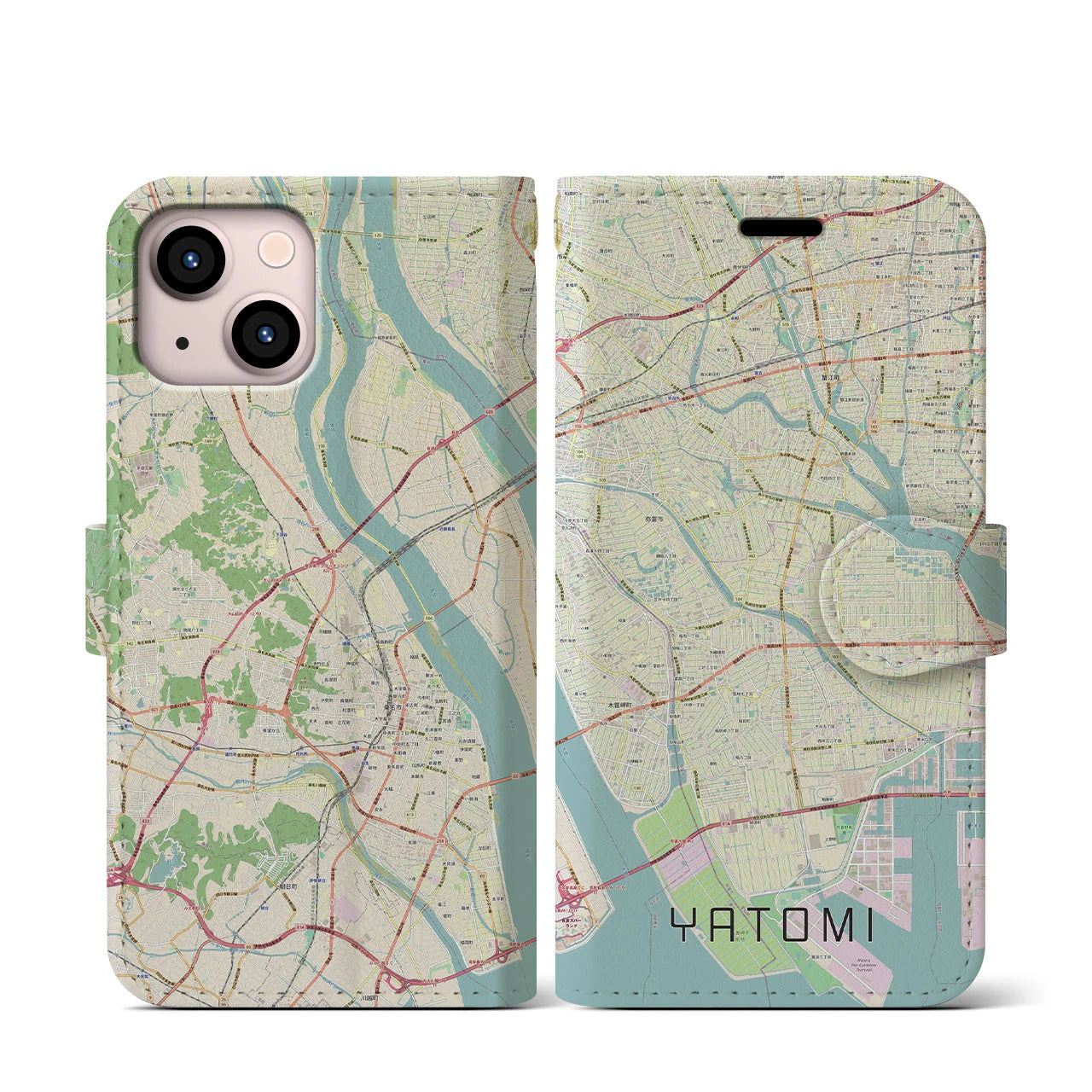 【弥富(愛知県)】地図柄iPhoneケース(手帳タイプ)ナチュラル・iPhone 13 mini 用