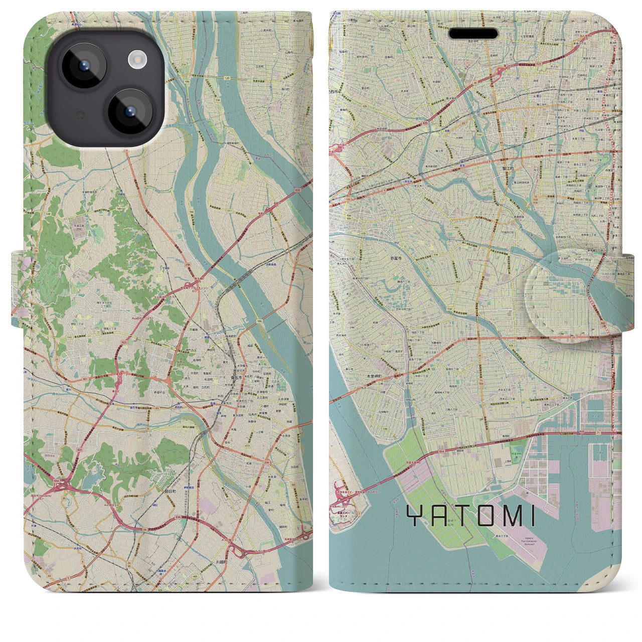 【弥富(愛知県)】地図柄iPhoneケース(手帳タイプ)ナチュラル・iPhone 14 Plus 用