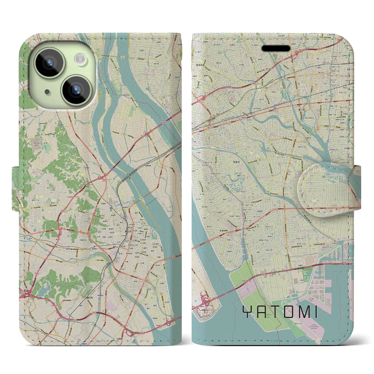 【弥富(愛知県)】地図柄iPhoneケース(手帳タイプ)ナチュラル・iPhone 15 用