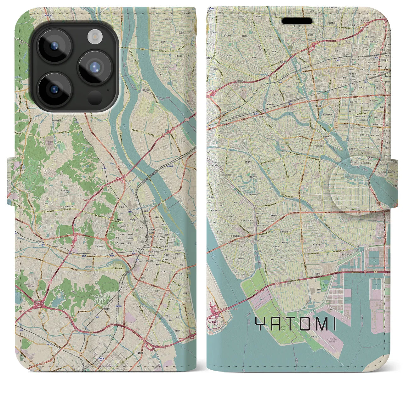 【弥富(愛知県)】地図柄iPhoneケース(手帳タイプ)ナチュラル・iPhone 15 Pro Max 用