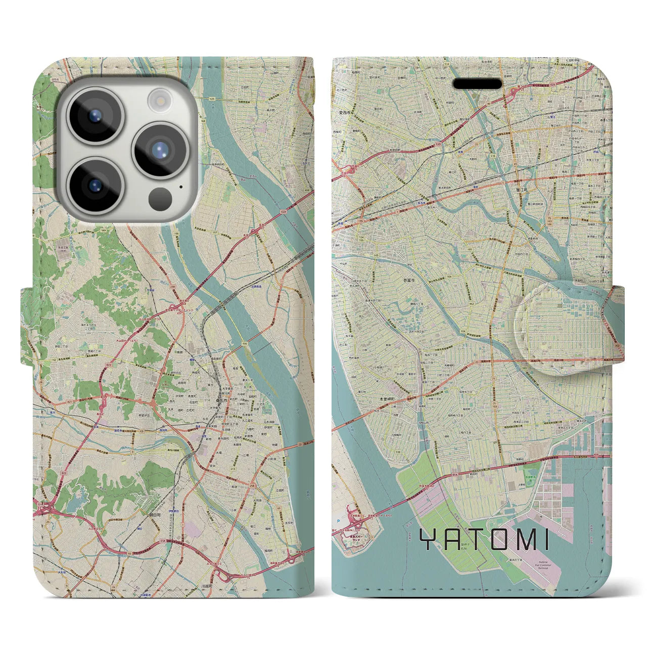 【弥富(愛知県)】地図柄iPhoneケース(手帳タイプ)ナチュラル・iPhone 15 Pro 用