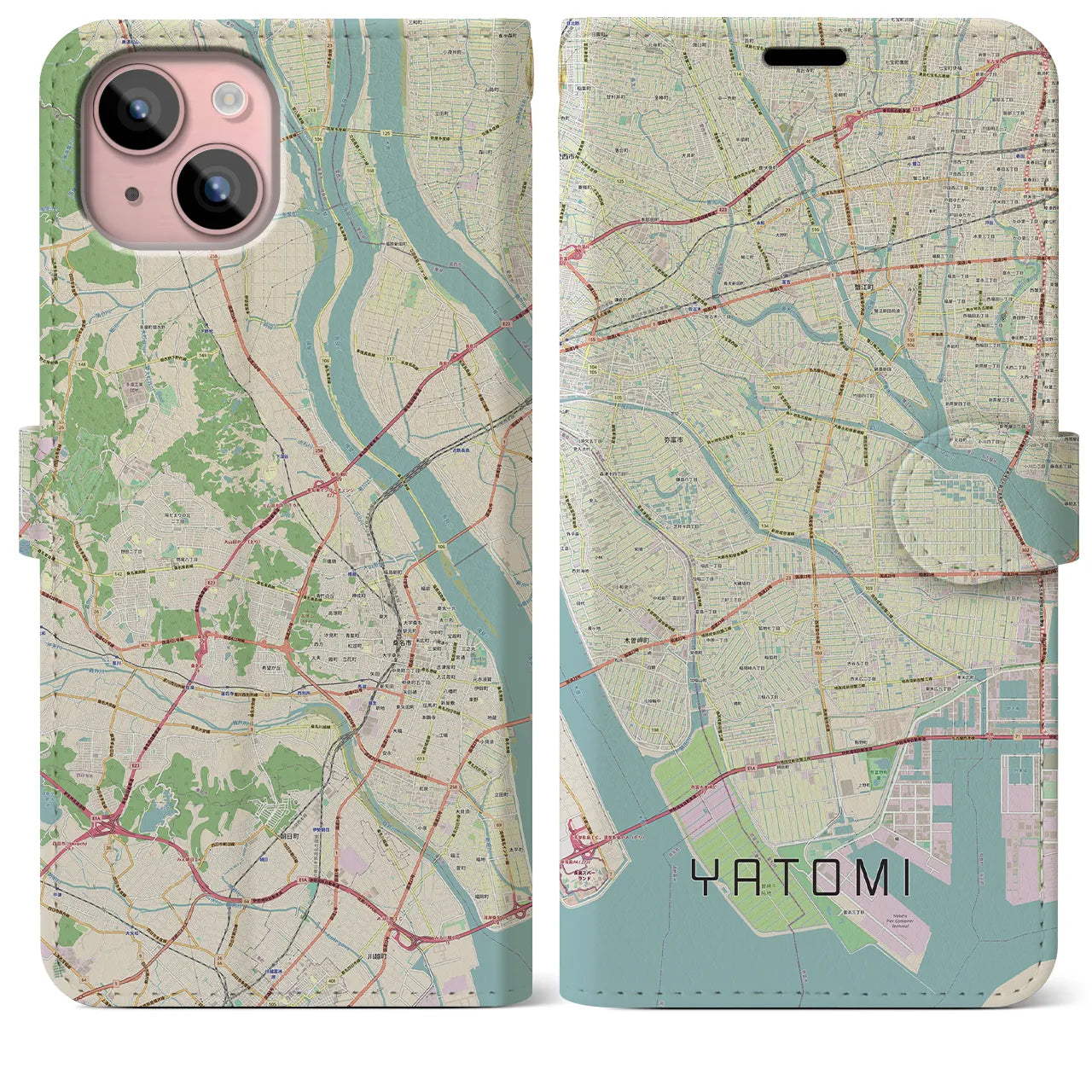 【弥富(愛知県)】地図柄iPhoneケース(手帳タイプ)ナチュラル・iPhone 15 Plus 用
