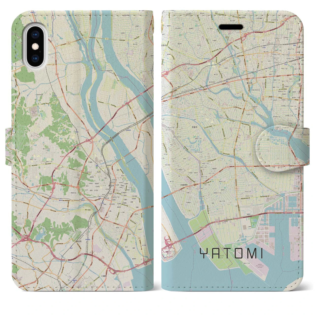 【弥富(愛知県)】地図柄iPhoneケース(手帳タイプ)ナチュラル・iPhone XS Max 用