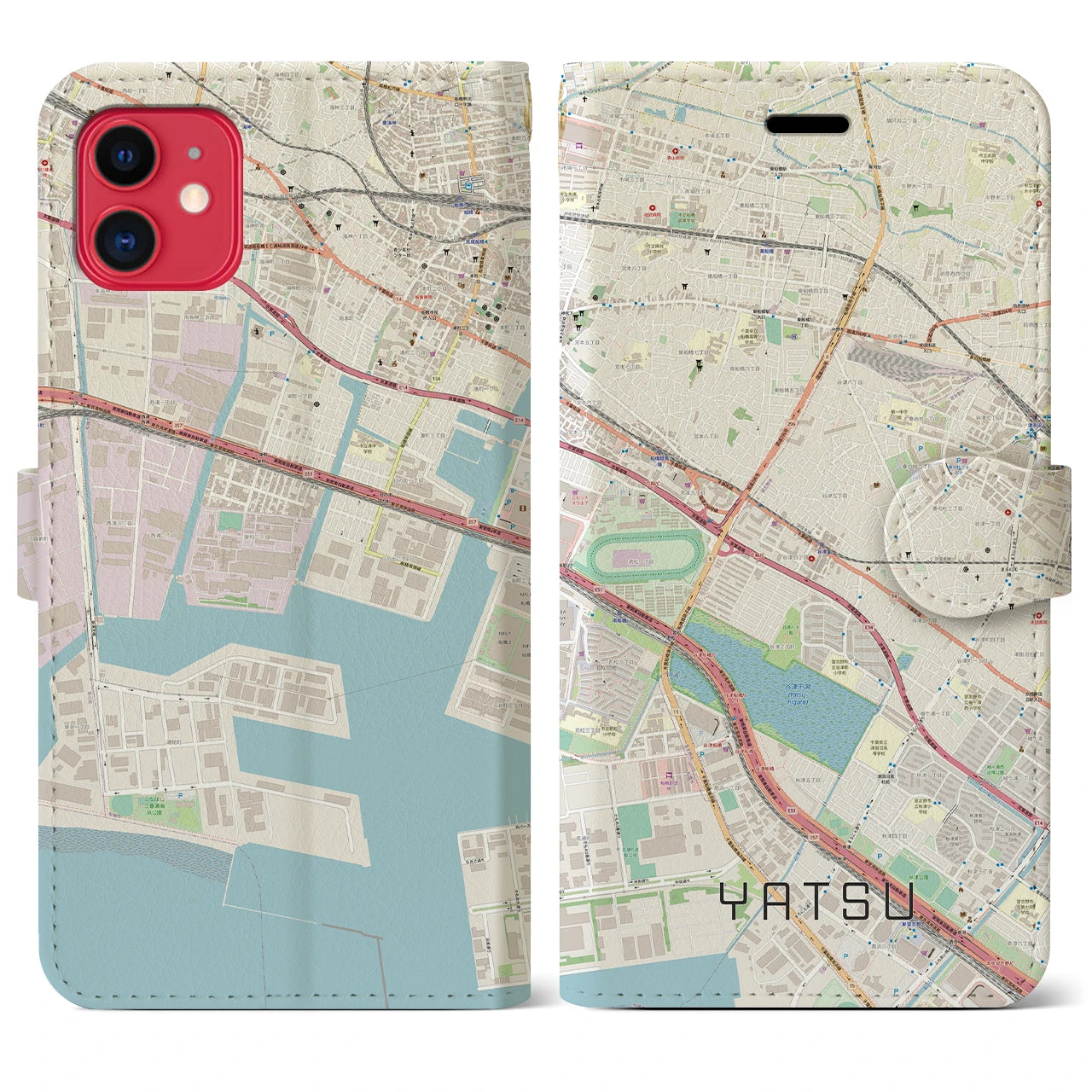 【谷津(千葉県)】地図柄iPhoneケース(手帳タイプ)ナチュラル・iPhone 11 用