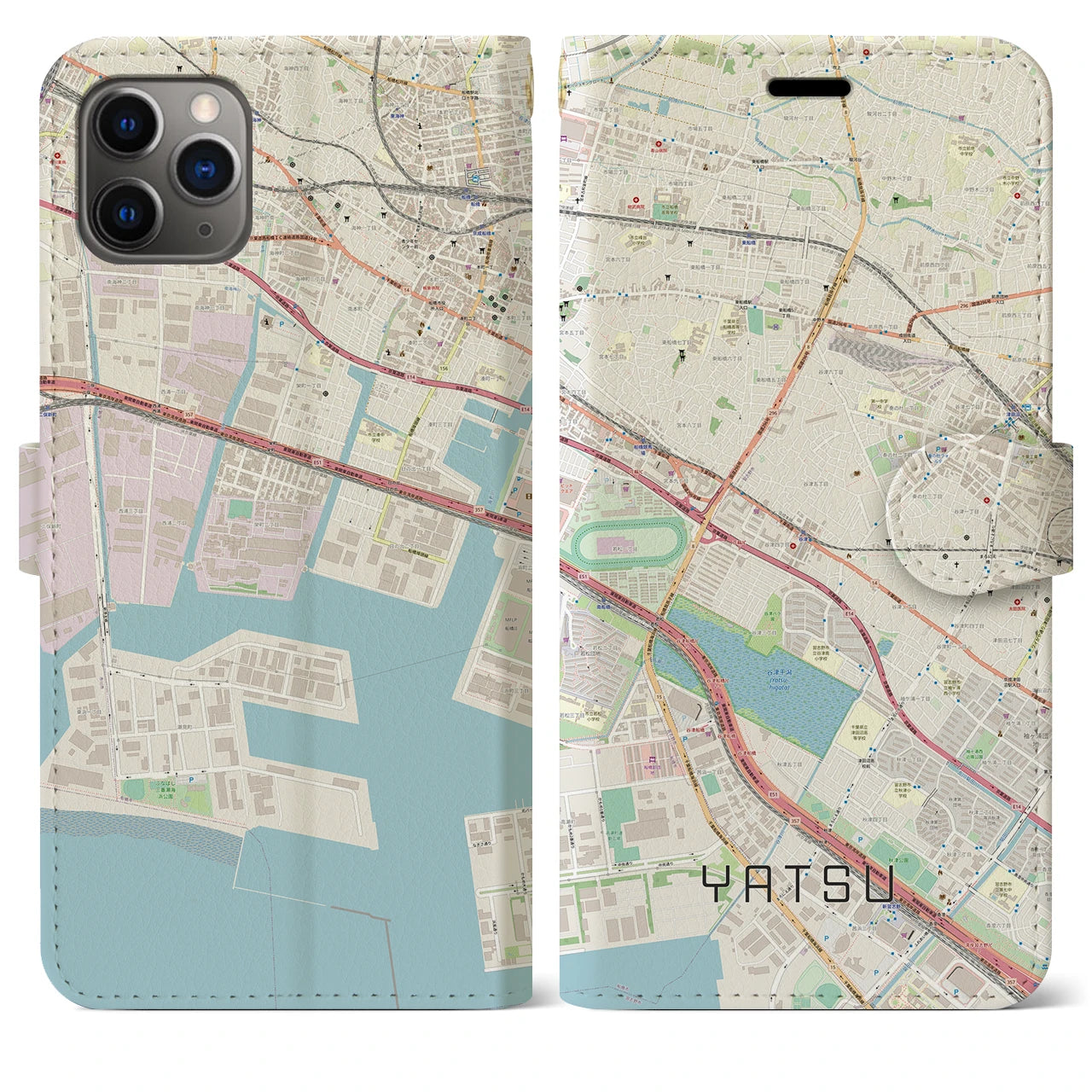 【谷津(千葉県)】地図柄iPhoneケース(手帳タイプ)ナチュラル・iPhone 11 Pro Max 用