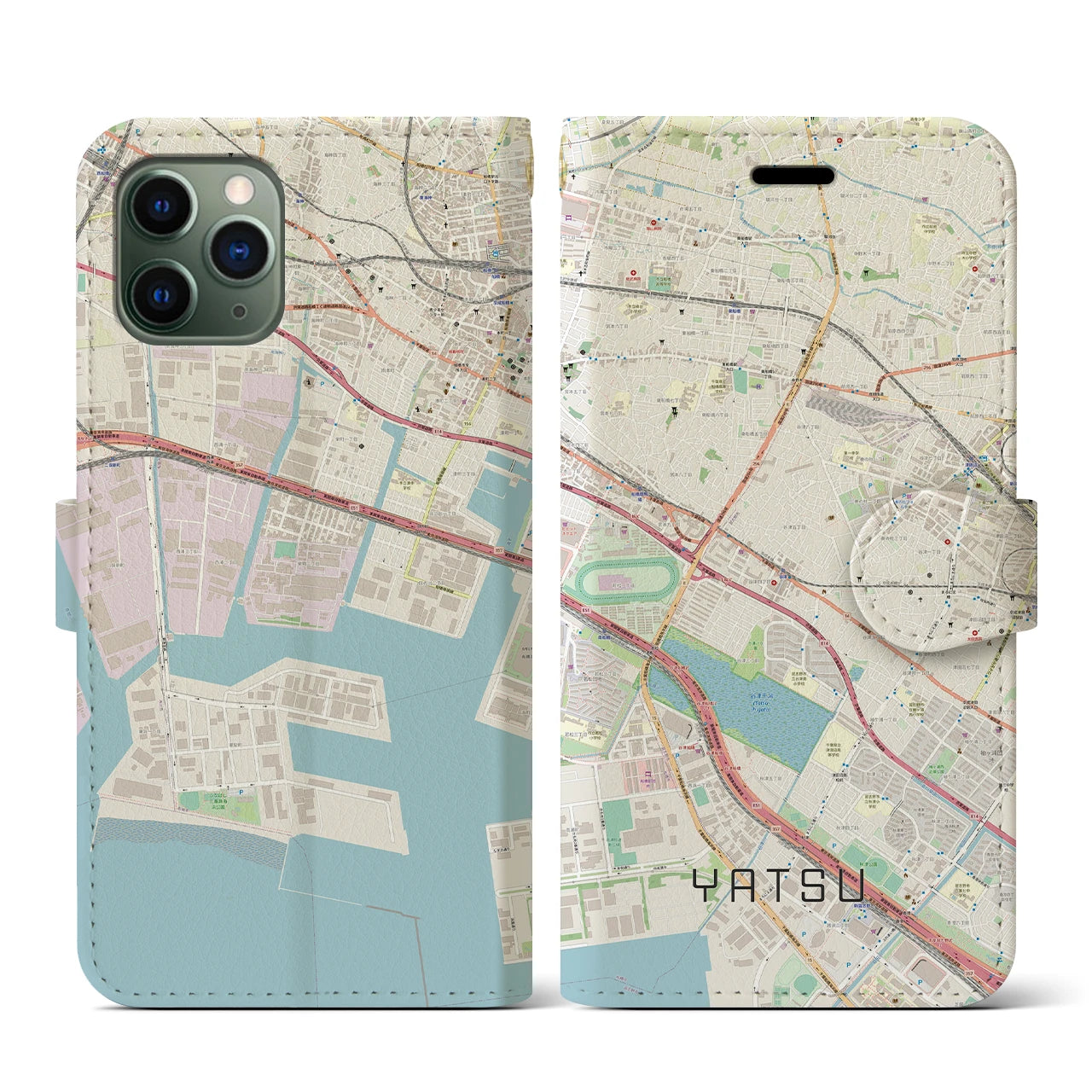 【谷津(千葉県)】地図柄iPhoneケース(手帳タイプ)ナチュラル・iPhone 11 Pro 用
