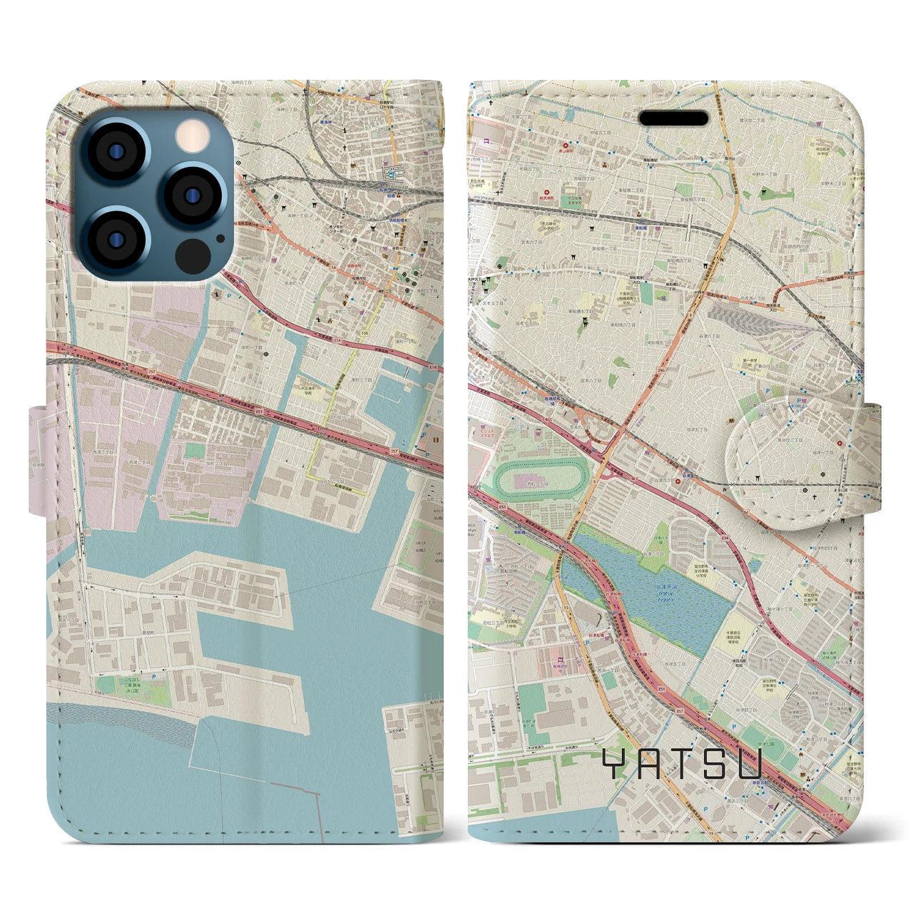【谷津(千葉県)】地図柄iPhoneケース(手帳タイプ)ナチュラル・iPhone 12 / 12 Pro 用