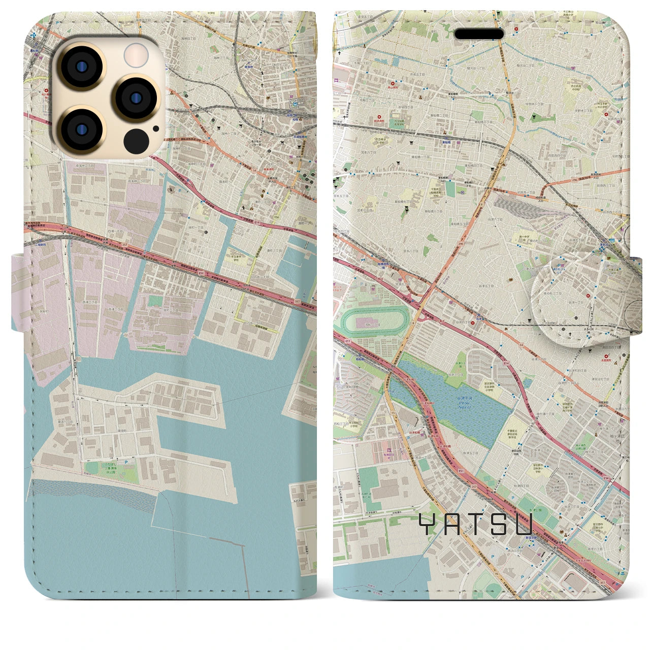 【谷津(千葉県)】地図柄iPhoneケース(手帳タイプ)ナチュラル・iPhone 12 Pro Max 用