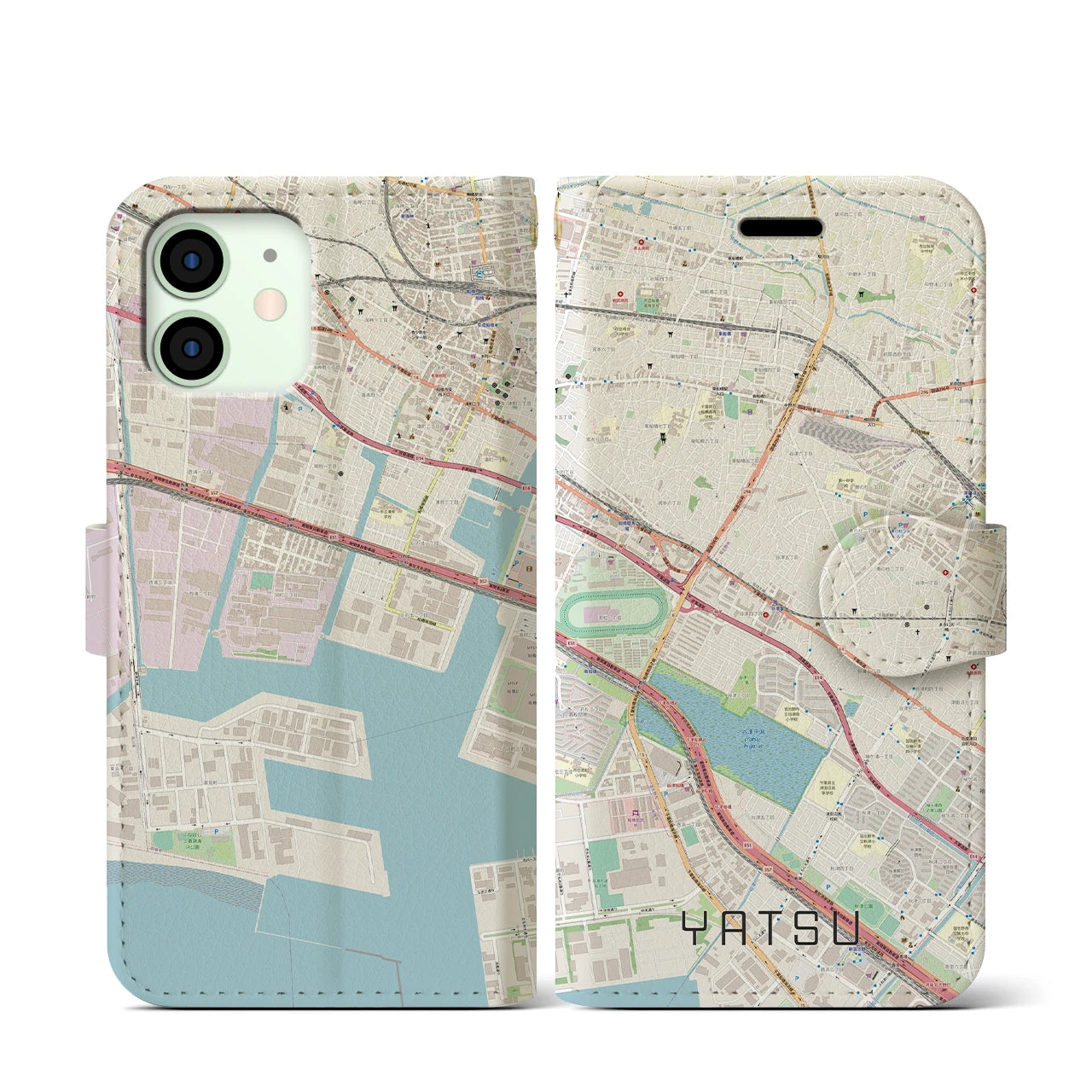 【谷津(千葉県)】地図柄iPhoneケース(手帳タイプ)ナチュラル・iPhone 12 mini 用