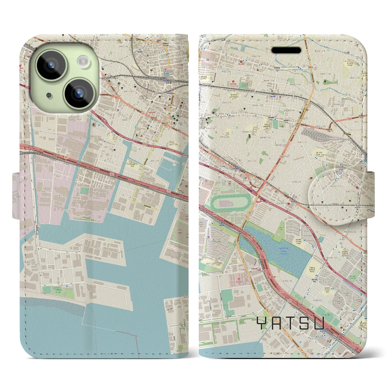 【谷津(千葉県)】地図柄iPhoneケース(手帳タイプ)ナチュラル・iPhone 15 用
