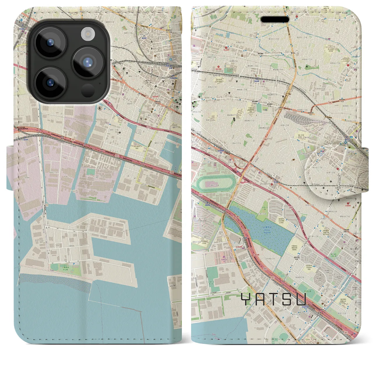 【谷津(千葉県)】地図柄iPhoneケース(手帳タイプ)ナチュラル・iPhone 15 Pro Max 用