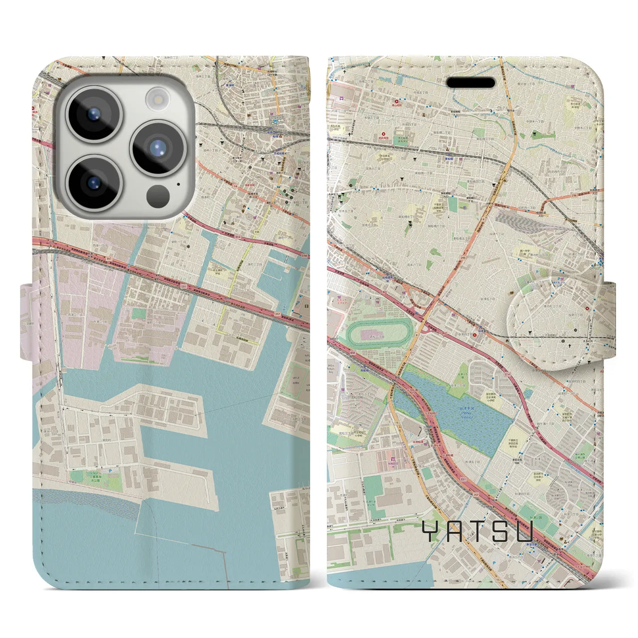 【谷津(千葉県)】地図柄iPhoneケース(手帳タイプ)ナチュラル・iPhone 15 Pro 用