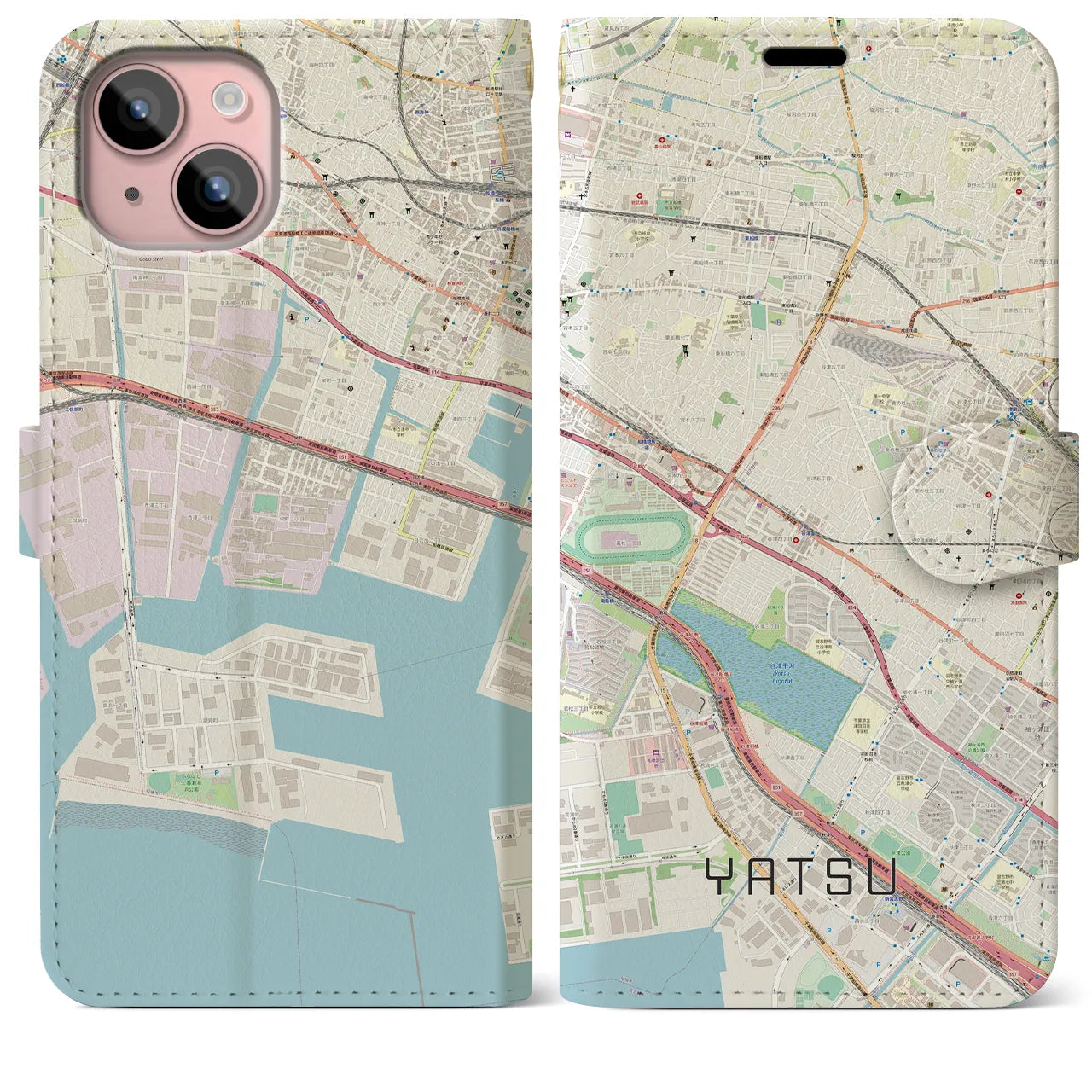 【谷津(千葉県)】地図柄iPhoneケース(手帳タイプ)ナチュラル・iPhone 15 Plus 用