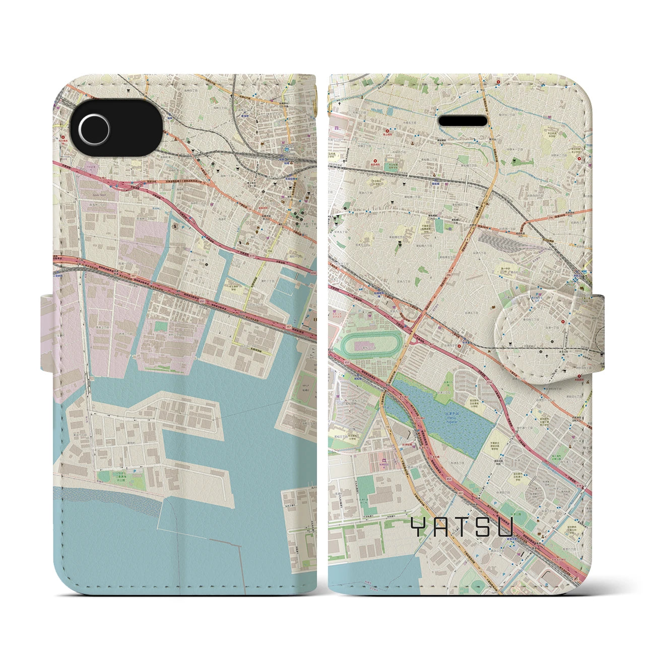 【谷津(千葉県)】地図柄iPhoneケース(手帳タイプ)ナチュラル・iPhone SE(第3 / 第2世代) / 8 / 7 / 6s / 6 用