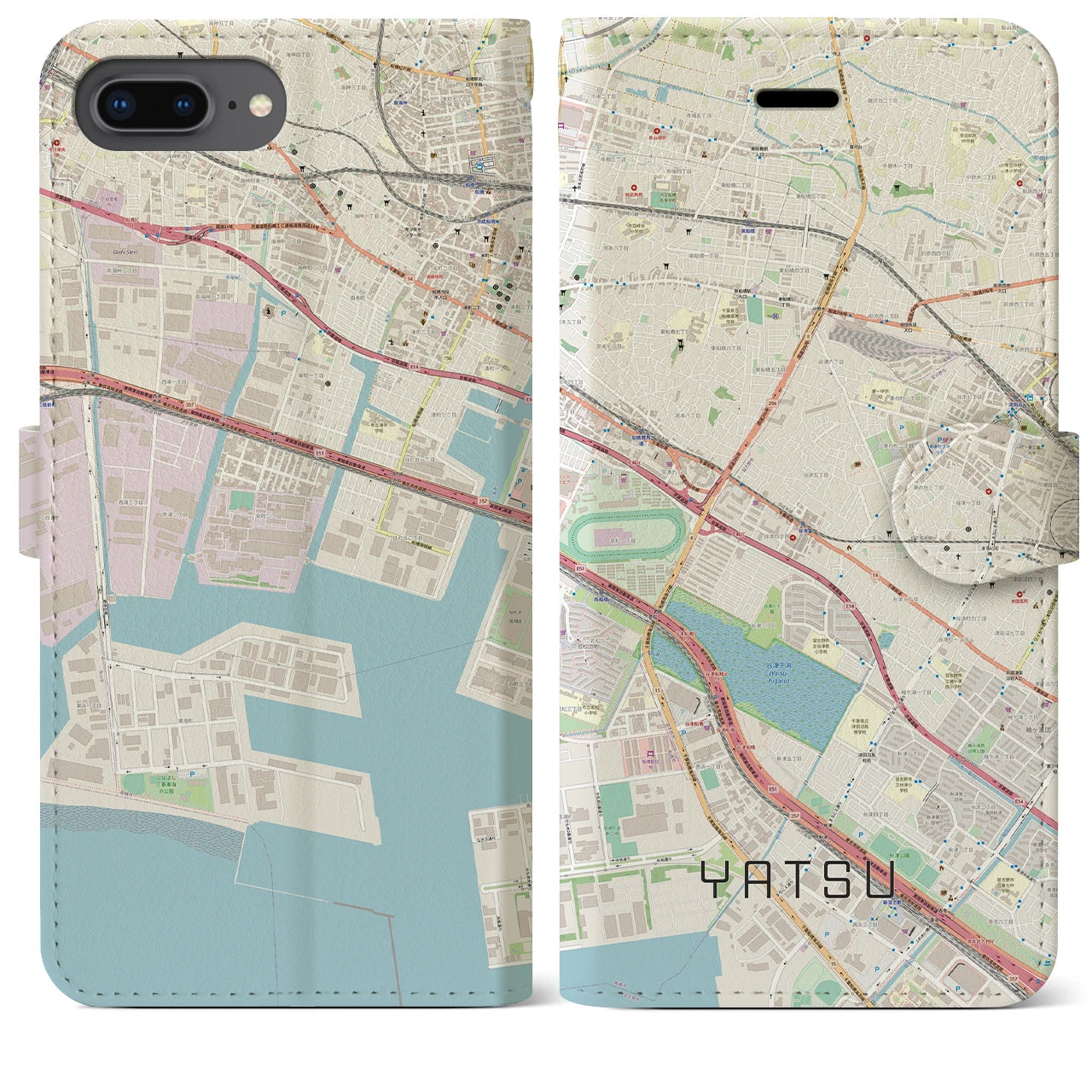 【谷津(千葉県)】地図柄iPhoneケース(手帳タイプ)ナチュラル・iPhone 8Plus /7Plus / 6sPlus / 6Plus 用