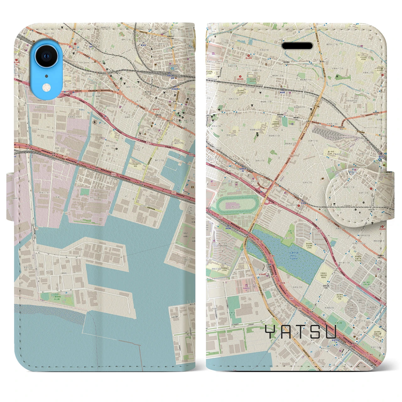 【谷津(千葉県)】地図柄iPhoneケース(手帳タイプ)ナチュラル・iPhone XR 用
