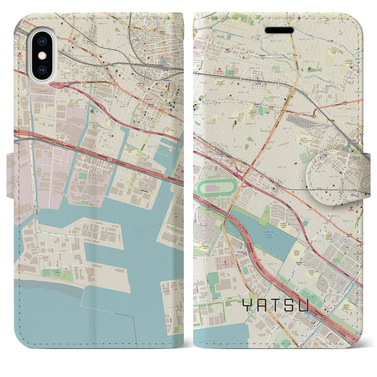 【谷津(千葉県)】地図柄iPhoneケース(手帳タイプ)ナチュラル・iPhone XS Max 用