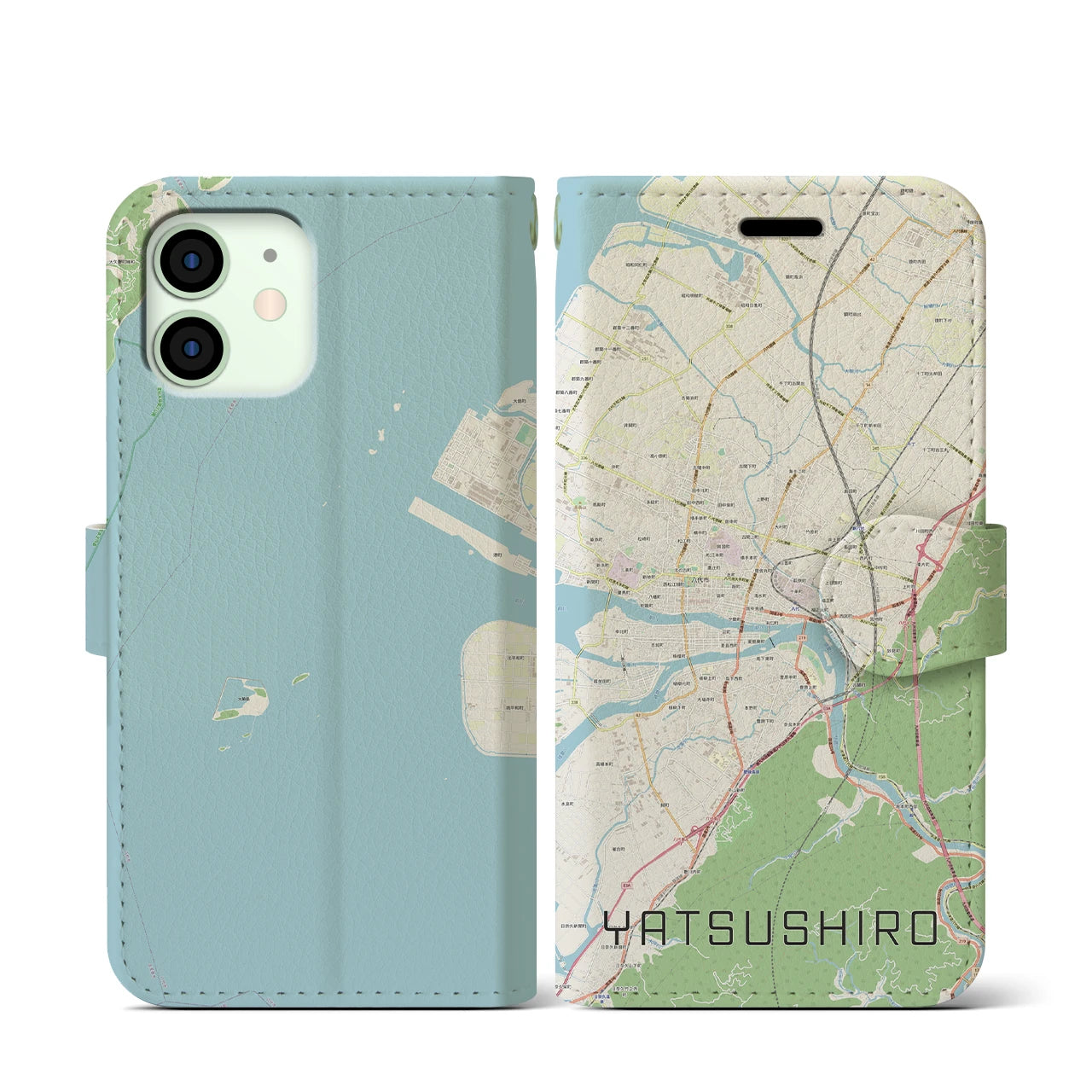 【八代(熊本県)】地図柄iPhoneケース(手帳タイプ)ナチュラル・iPhone 12 mini 用