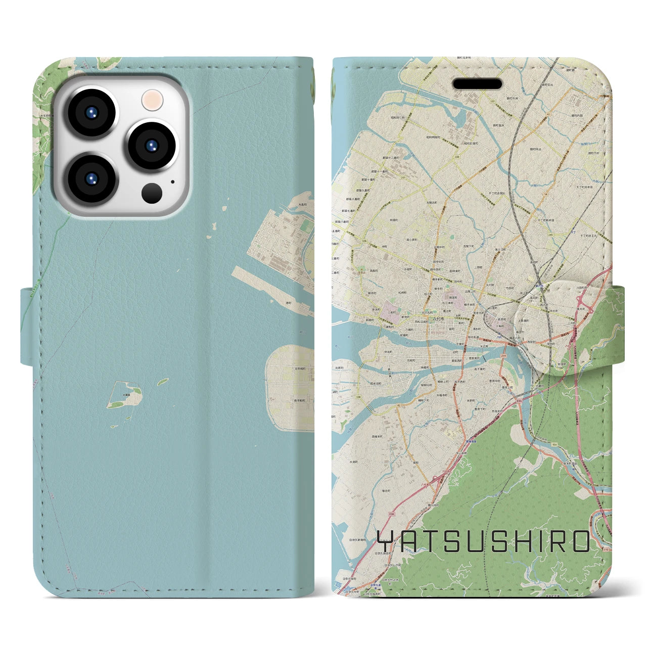 【八代(熊本県)】地図柄iPhoneケース(手帳タイプ)ナチュラル・iPhone 13 Pro 用