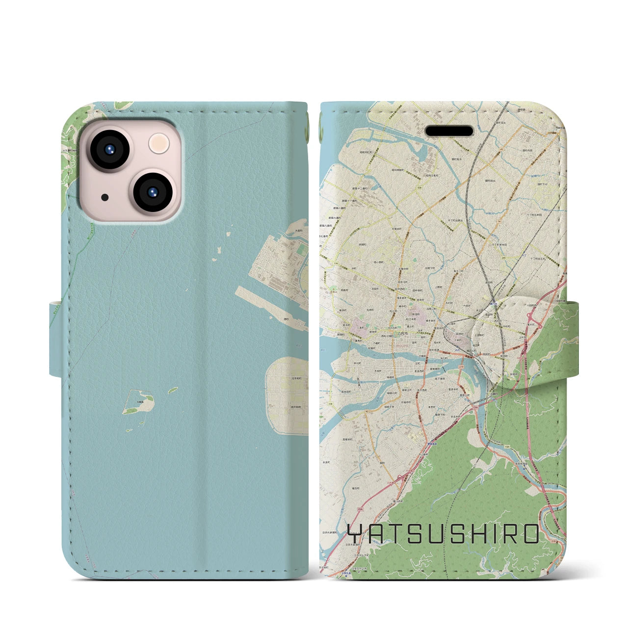【八代(熊本県)】地図柄iPhoneケース(手帳タイプ)ナチュラル・iPhone 13 mini 用