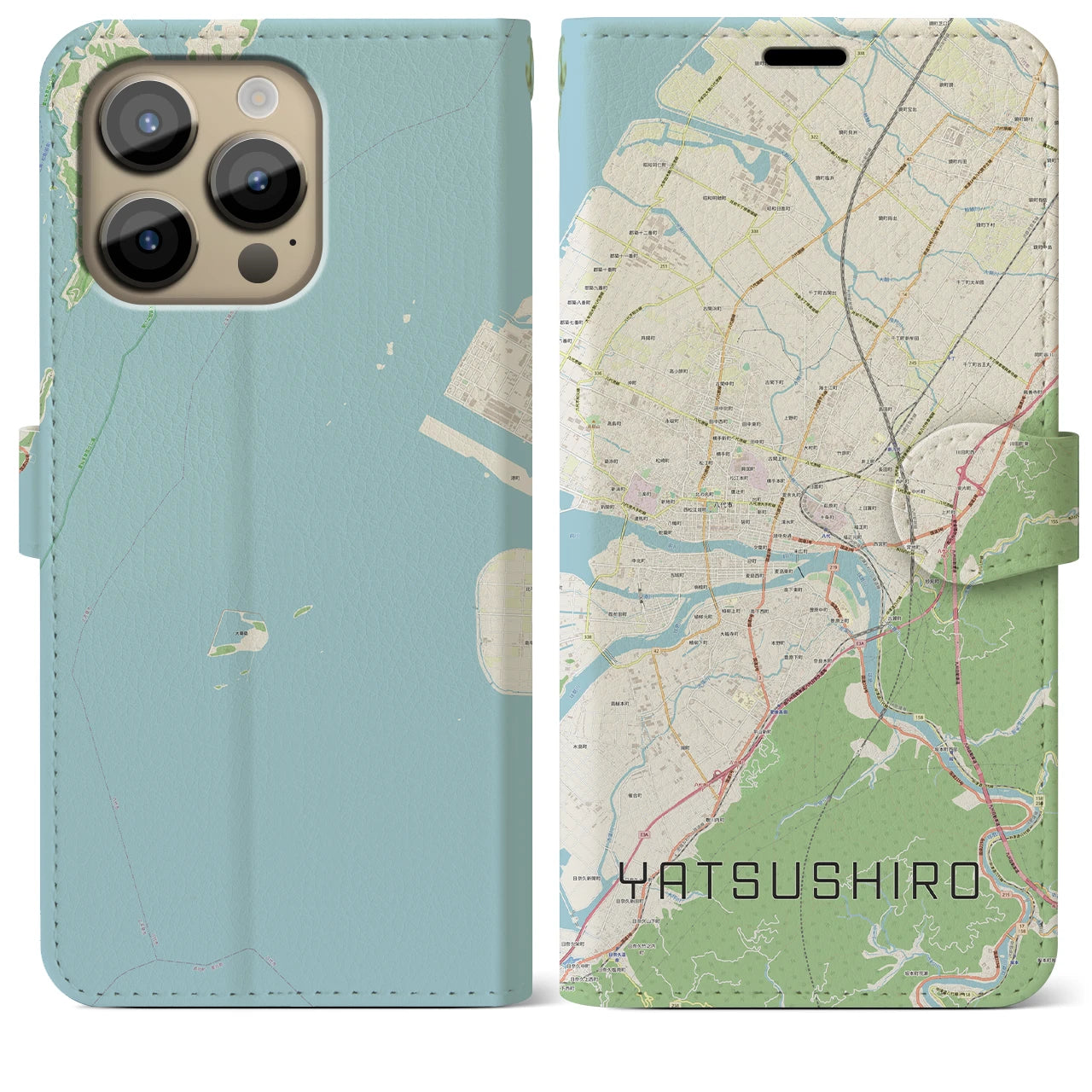 【八代(熊本県)】地図柄iPhoneケース(手帳タイプ)ナチュラル・iPhone 14 Pro Max 用