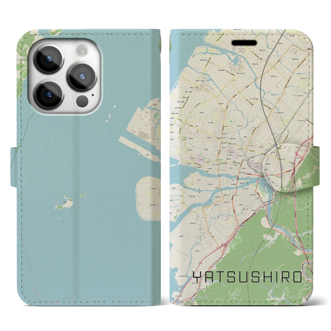 【八代(熊本県)】地図柄iPhoneケース(手帳タイプ)ナチュラル・iPhone 14 Pro 用