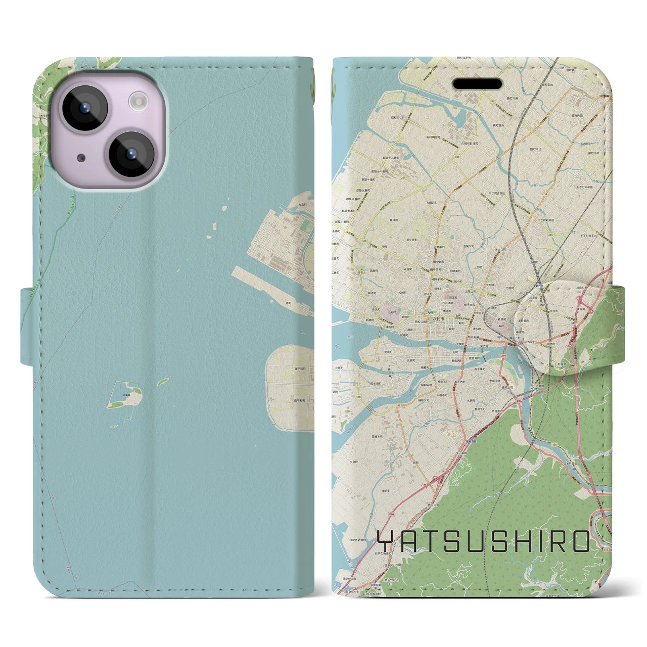 【八代(熊本県)】地図柄iPhoneケース(手帳タイプ)ナチュラル・iPhone 14 用
