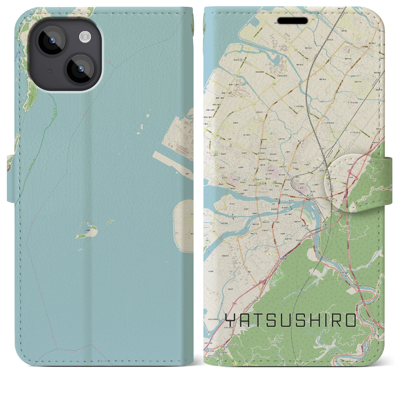 【八代(熊本県)】地図柄iPhoneケース(手帳タイプ)ナチュラル・iPhone 14 Plus 用