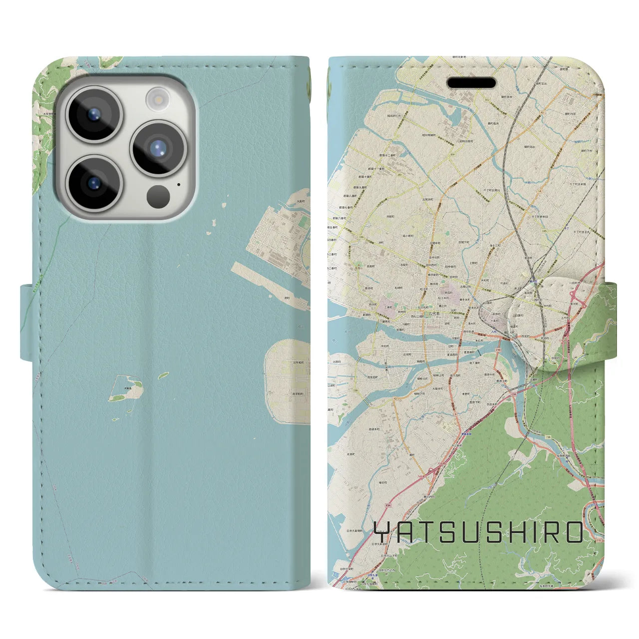 【八代(熊本県)】地図柄iPhoneケース(手帳タイプ)ナチュラル・iPhone 15 Pro 用