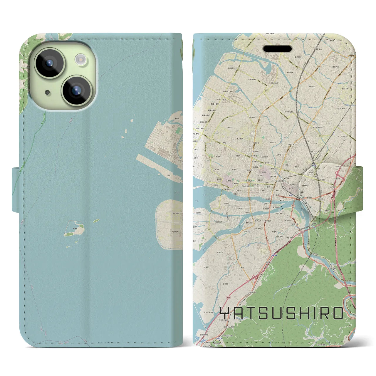 【八代(熊本県)】地図柄iPhoneケース(手帳タイプ)ナチュラル・iPhone 15 用