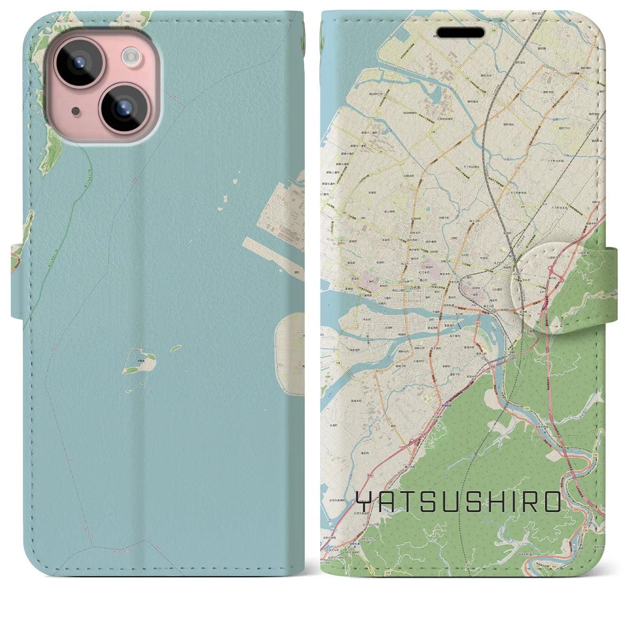 【八代(熊本県)】地図柄iPhoneケース(手帳タイプ)ナチュラル・iPhone 15 Plus 用