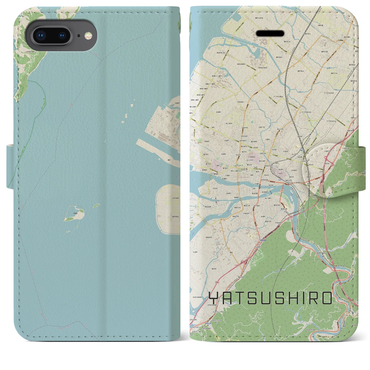 【八代(熊本県)】地図柄iPhoneケース(手帳タイプ)ナチュラル・iPhone 8Plus /7Plus / 6sPlus / 6Plus 用