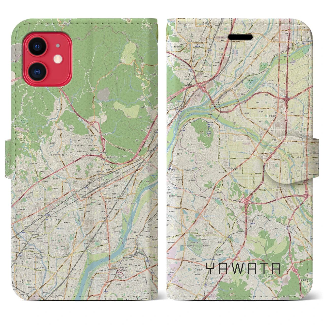【八幡(京都府)】地図柄iPhoneケース(手帳タイプ)ナチュラル・iPhone 11 用