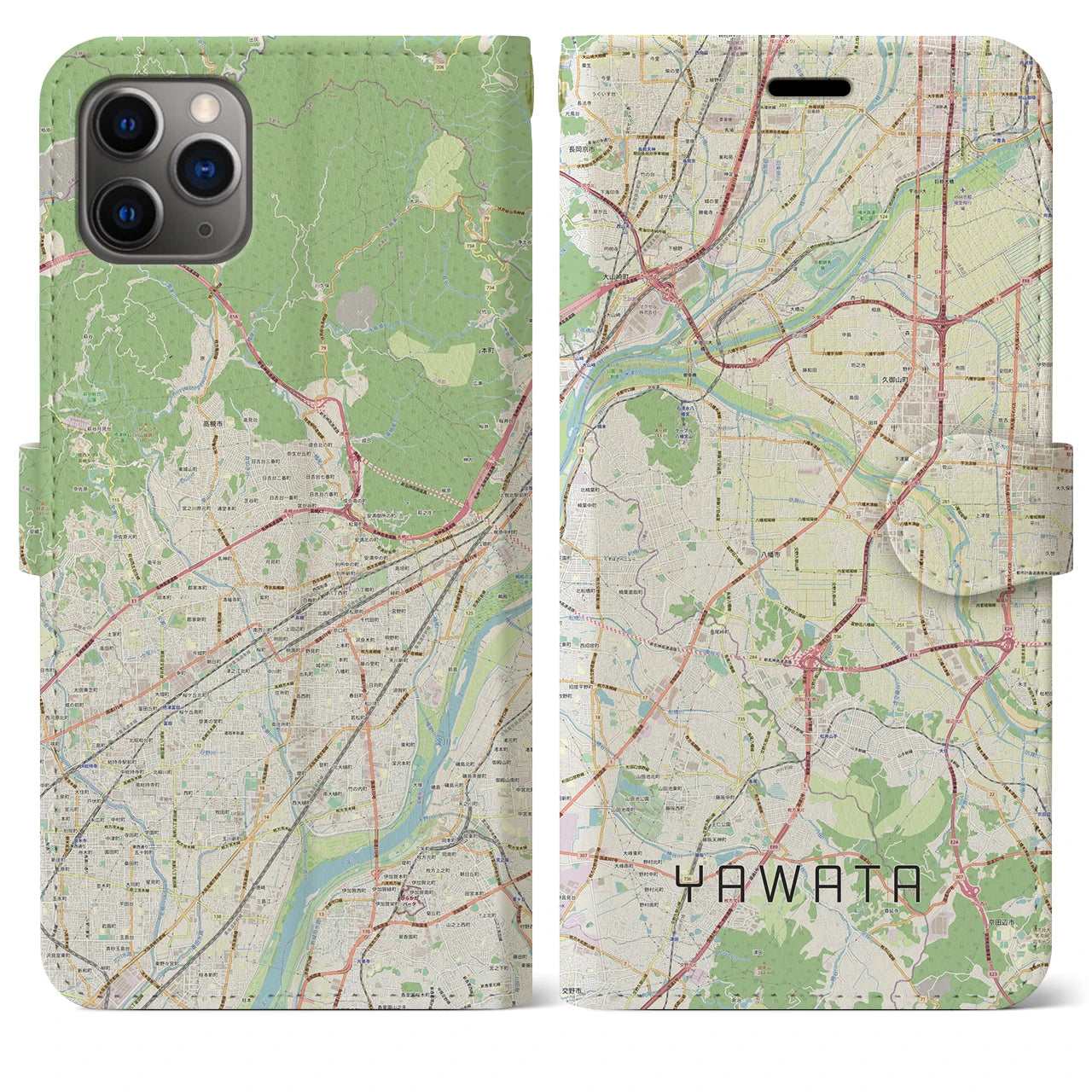 【八幡(京都府)】地図柄iPhoneケース(手帳タイプ)ナチュラル・iPhone 11 Pro Max 用