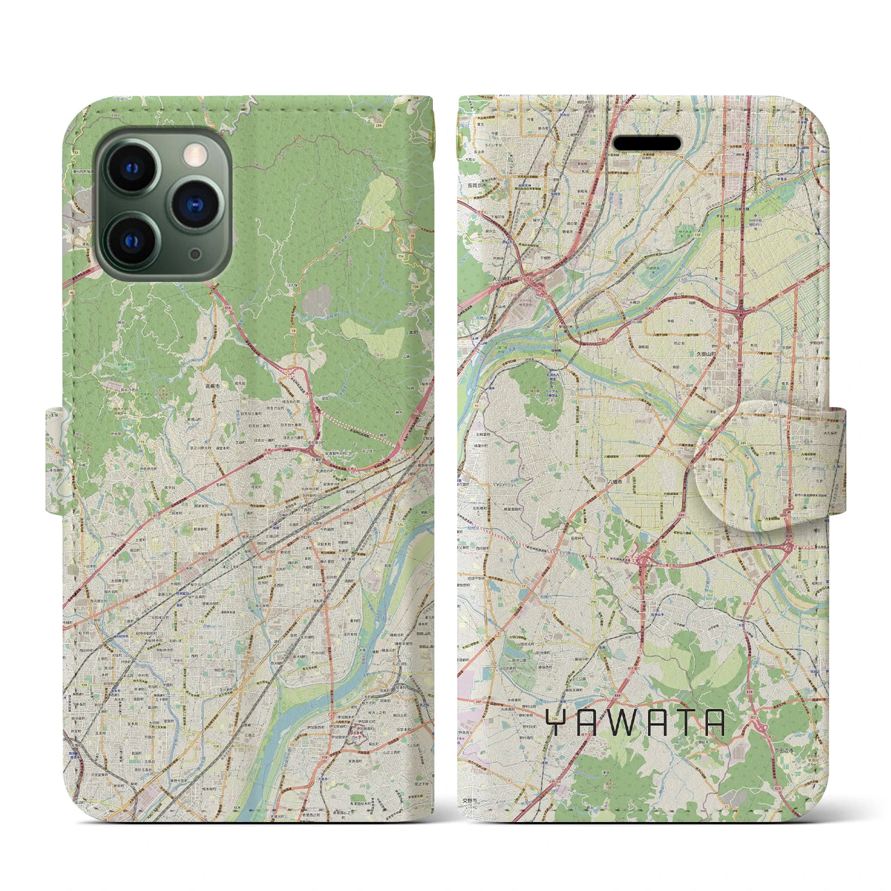 【八幡(京都府)】地図柄iPhoneケース(手帳タイプ)ナチュラル・iPhone 11 Pro 用