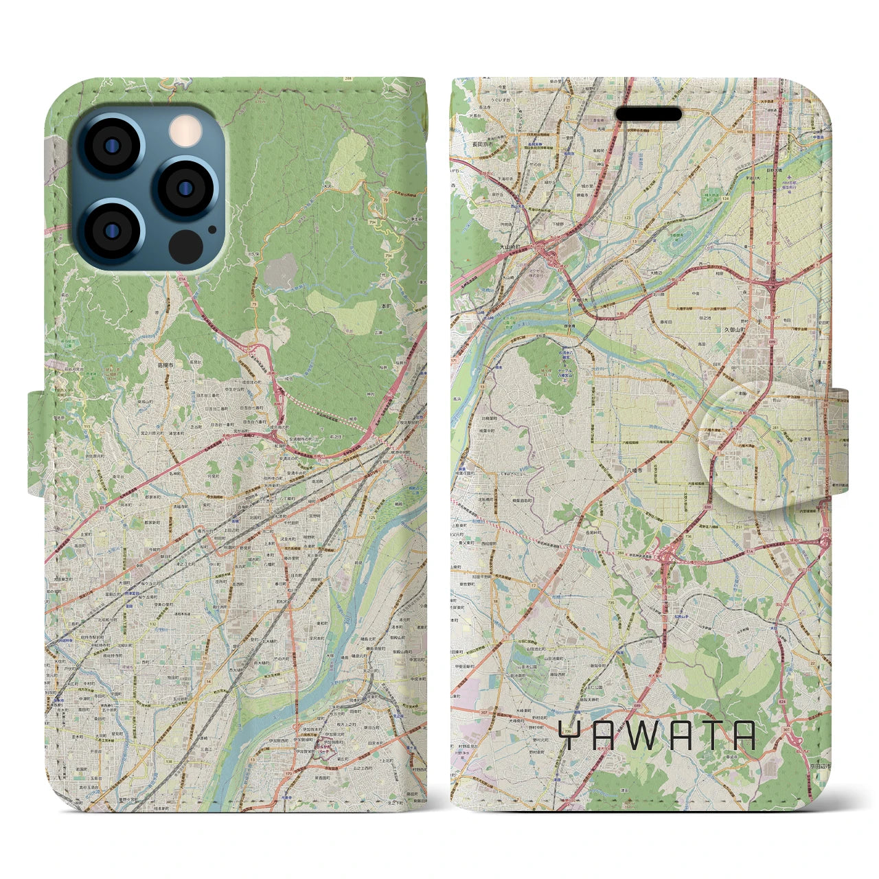 【八幡(京都府)】地図柄iPhoneケース(手帳タイプ)ナチュラル・iPhone 12 / 12 Pro 用