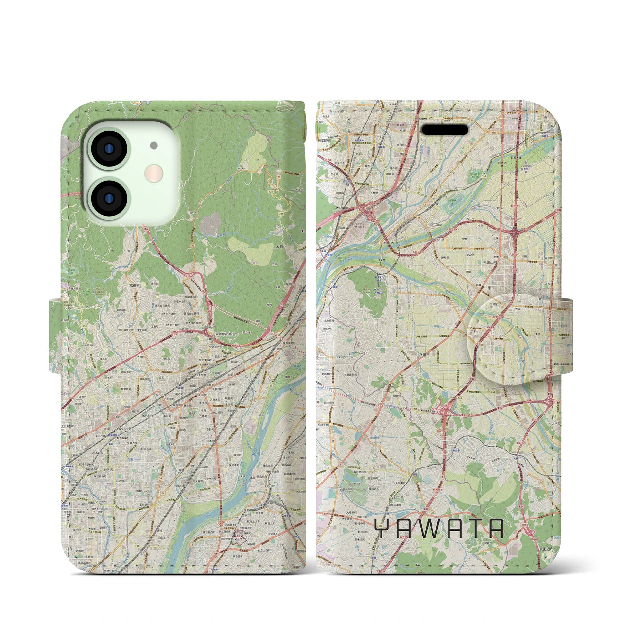 【八幡(京都府)】地図柄iPhoneケース(手帳タイプ)ナチュラル・iPhone 12 mini 用