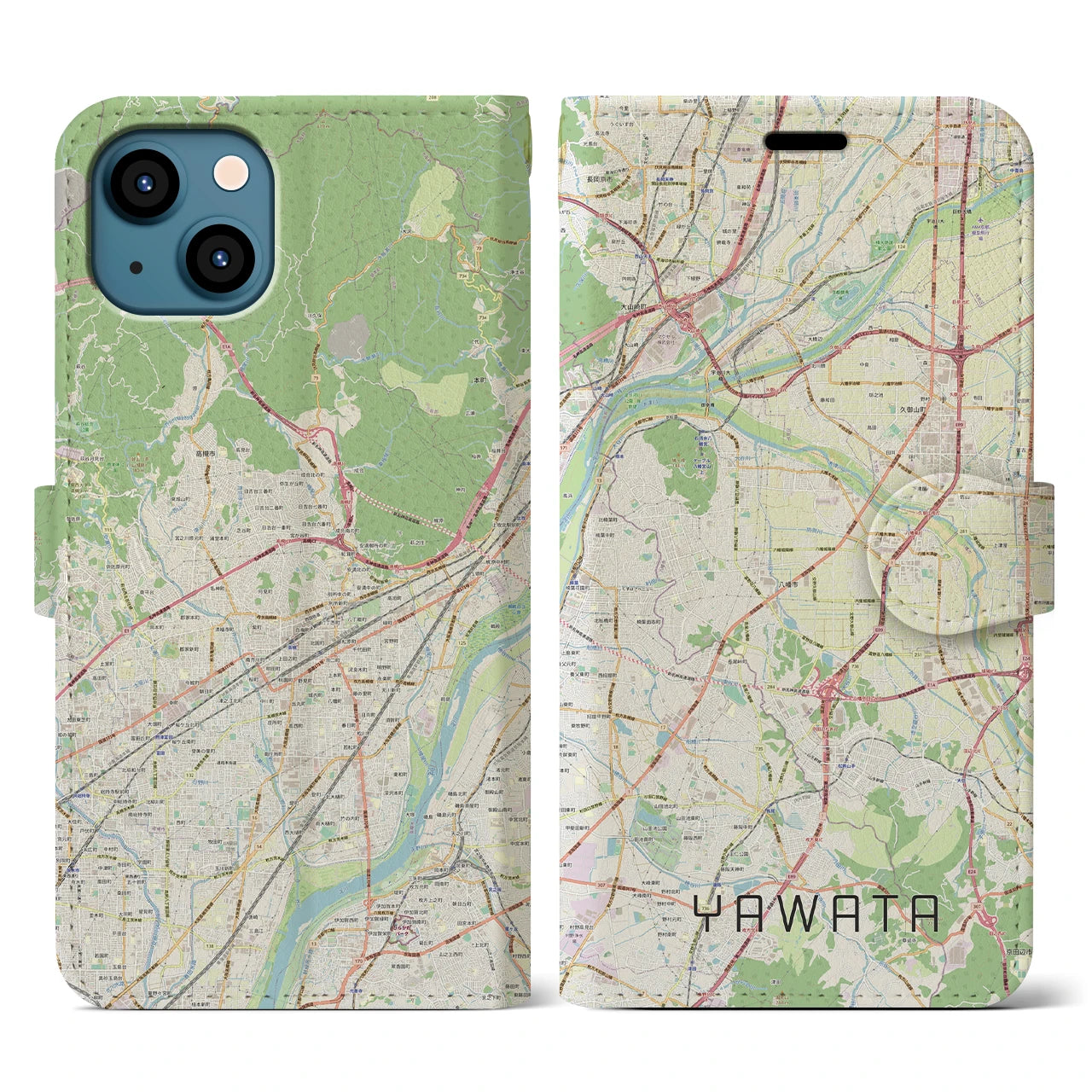 【八幡(京都府)】地図柄iPhoneケース(手帳タイプ)ナチュラル・iPhone 13 用