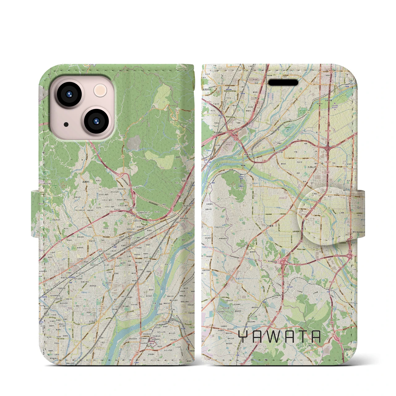 【八幡(京都府)】地図柄iPhoneケース(手帳タイプ)ナチュラル・iPhone 13 mini 用